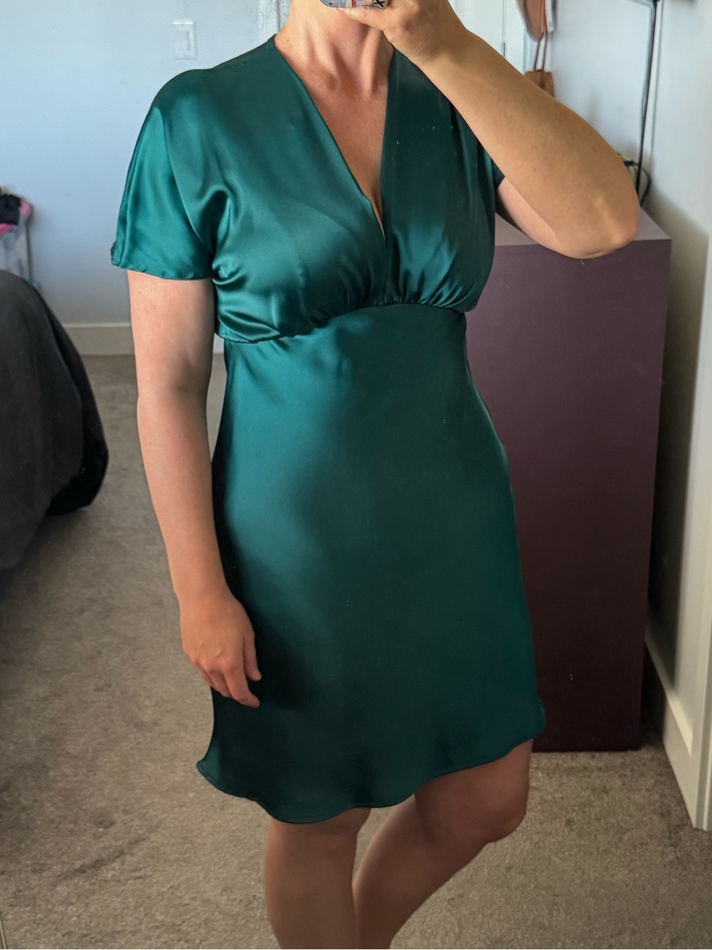 Emerald Satin V-Neck Mini Dress